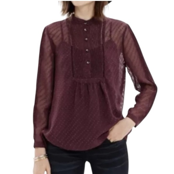Madewell‎ Sheer Pintuck Clip Dot Blouse with Removable Tank Maroon Women’s XS - Picture 1 of 11